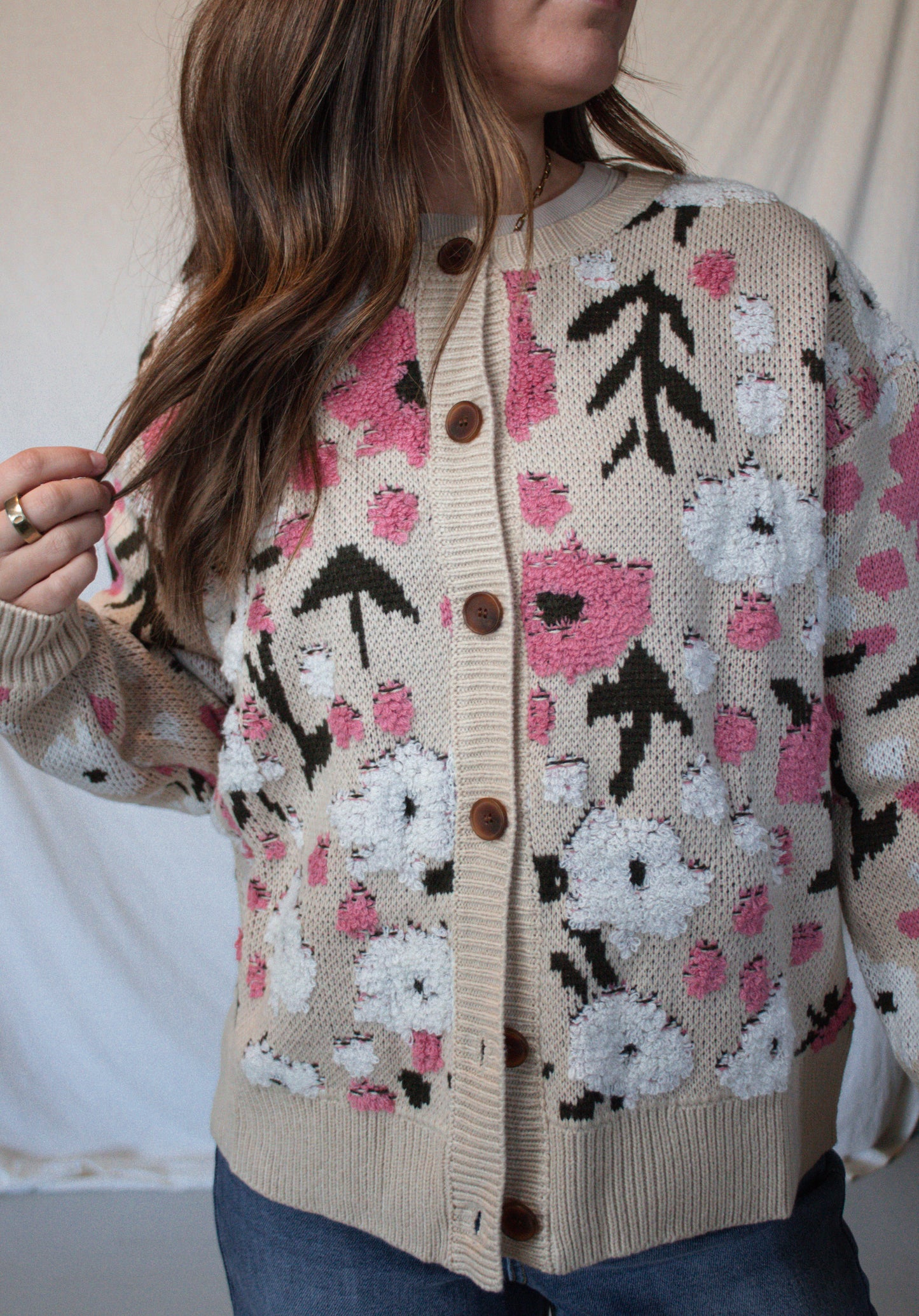 Rosie Boucle Sweater Cardigan - Latte/Pink