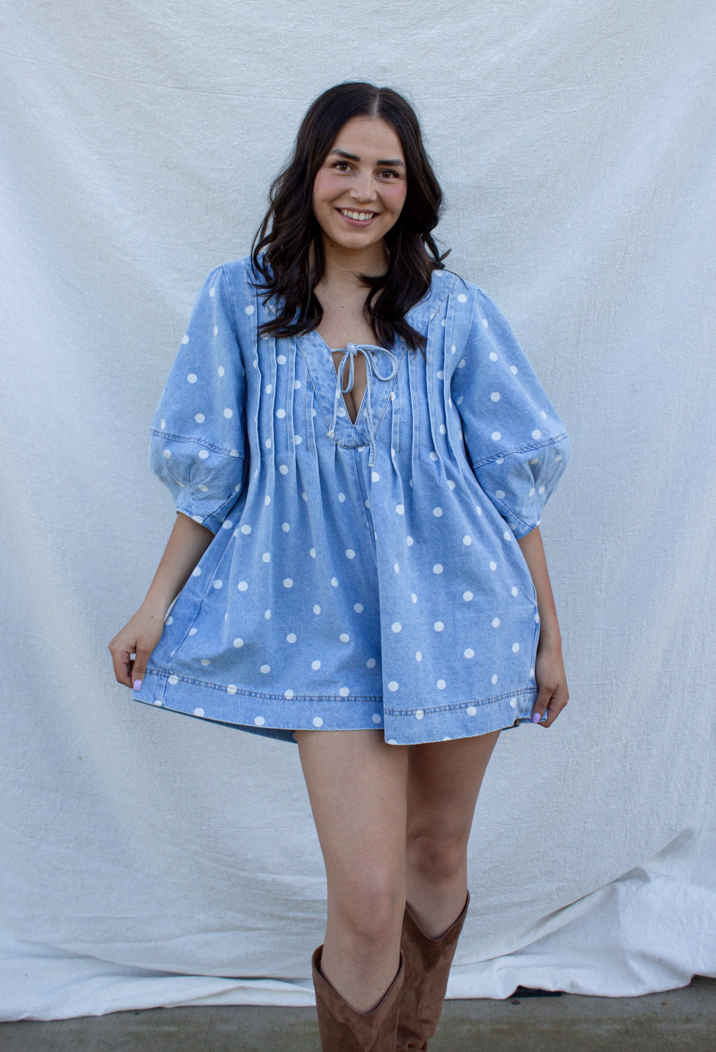 Dolly Polka-Dot Romper - Light Denim