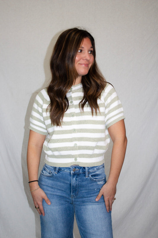 Molly Striped Boxy Cardigan - Sage