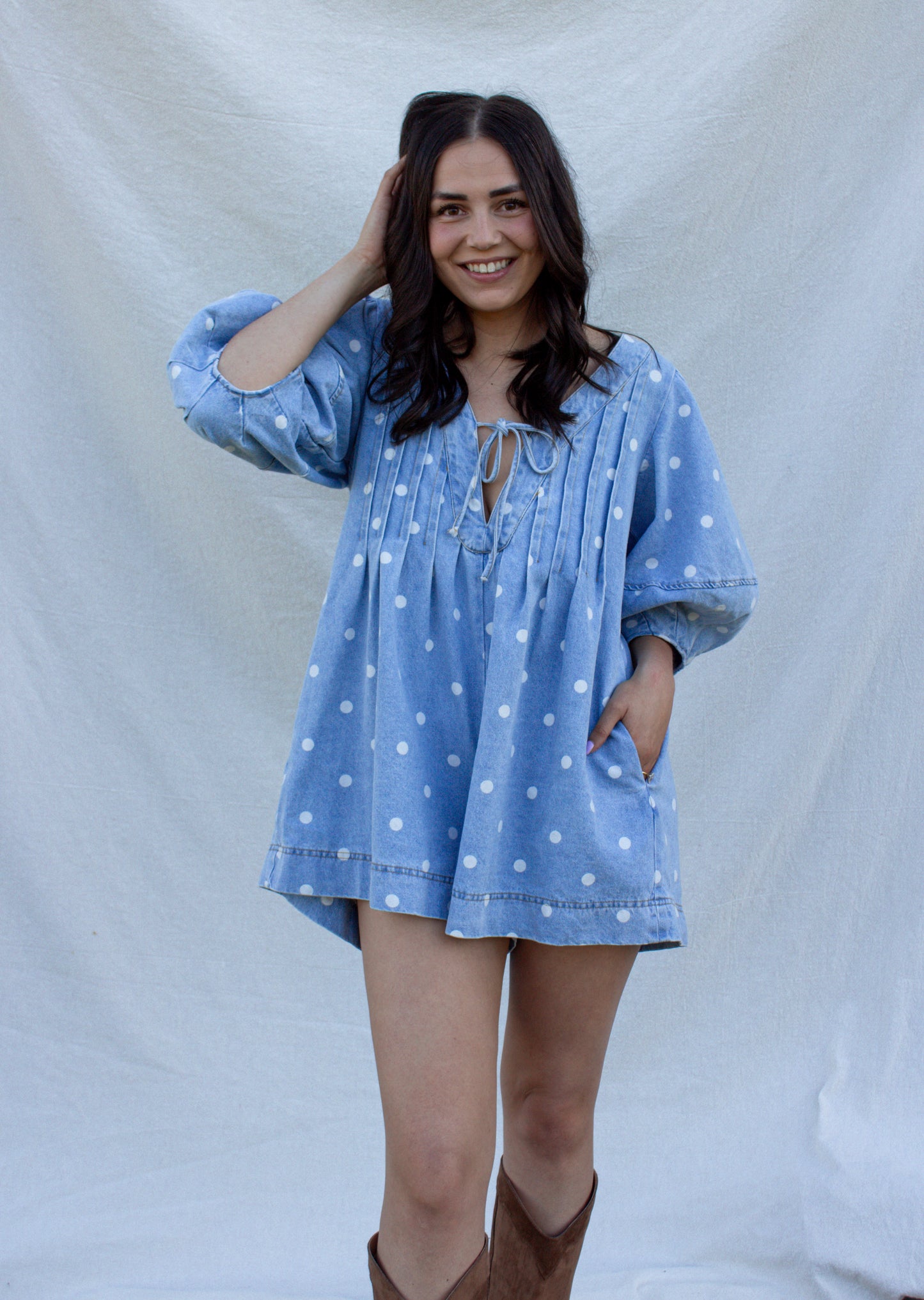 Dolly Polka-Dot Romper - Light Denim