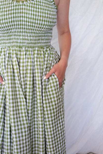 Georgia Gingham Dress - Green/Sky Blue