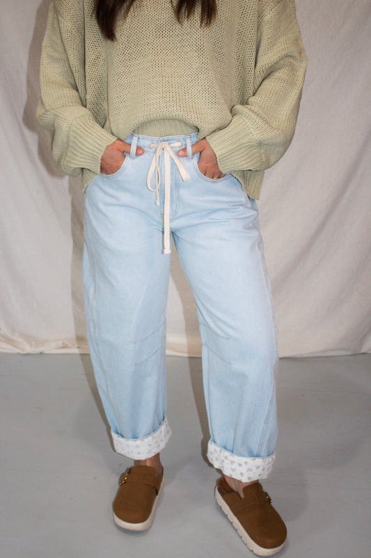 Ditsy Floral Drawstring Jeans - Light Denim