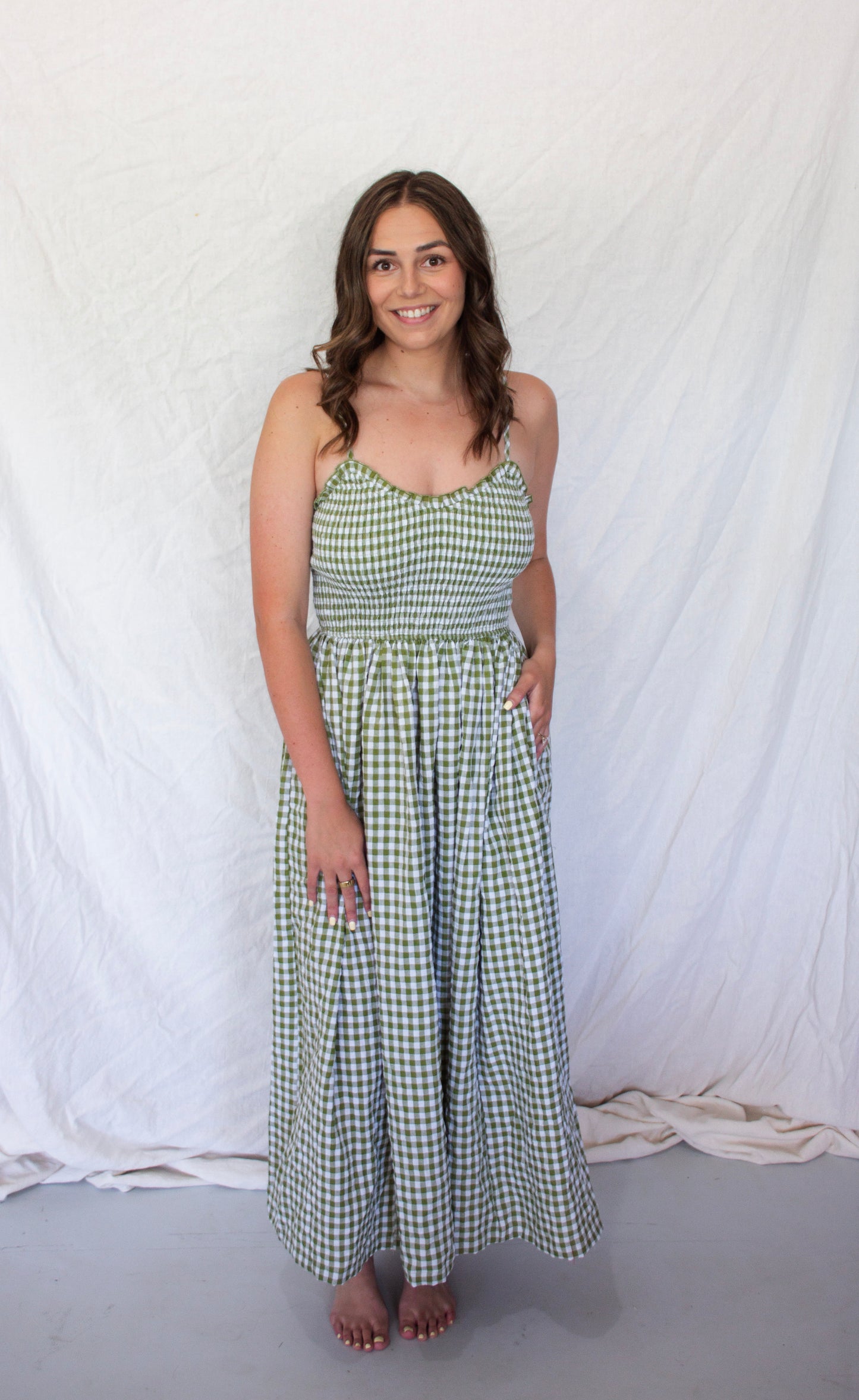 Georgia Gingham Dress - Green/Sky Blue