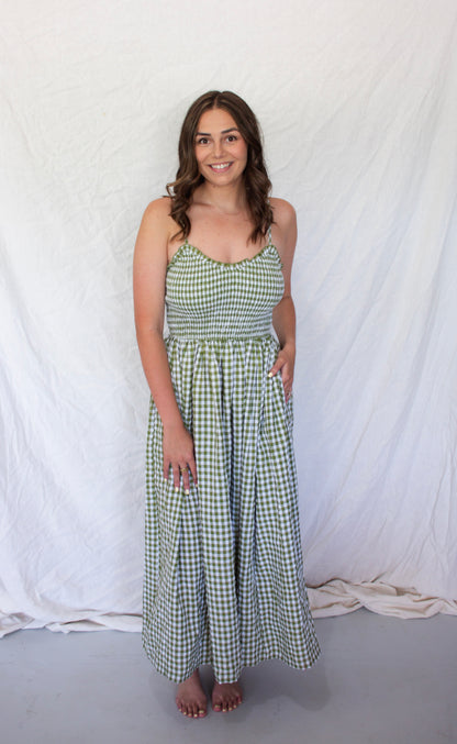 Georgia Gingham Dress - Green/Sky Blue