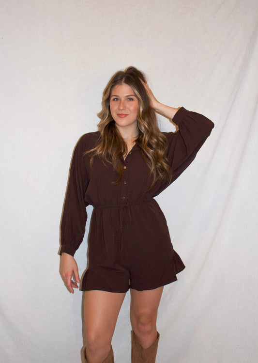 Olivia Button Down Romper - Brown