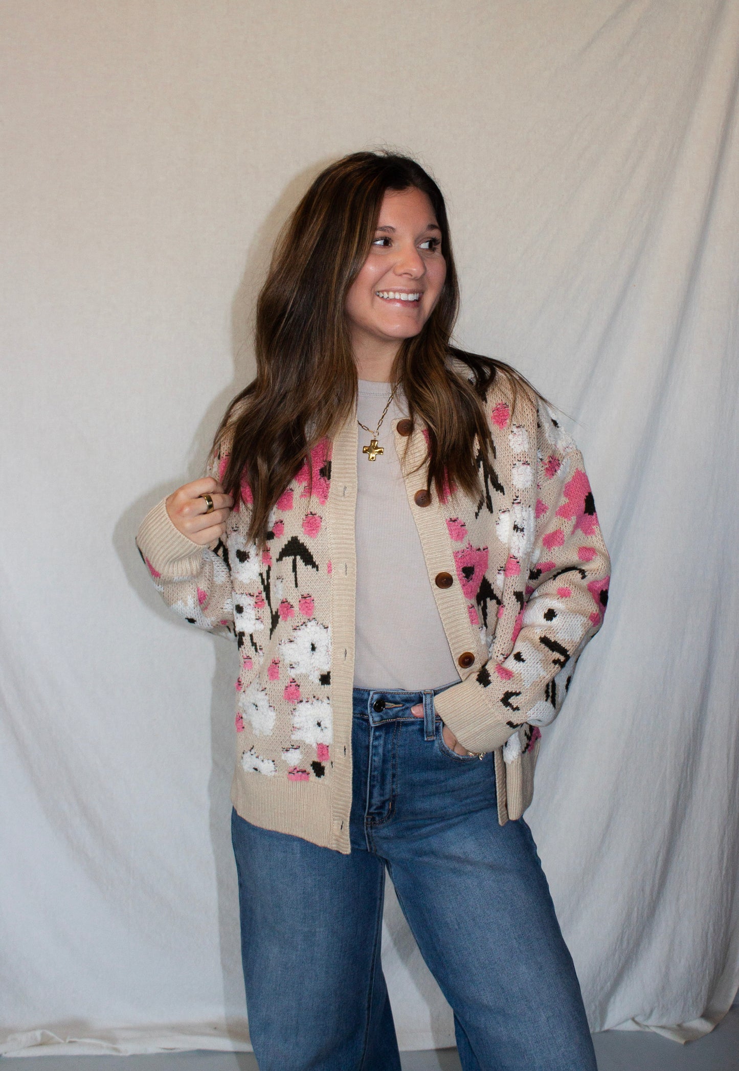 Rosie Boucle Sweater Cardigan - Latte/Pink