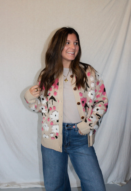 Rosie Boucle Sweater Cardigan - Latte/Pink