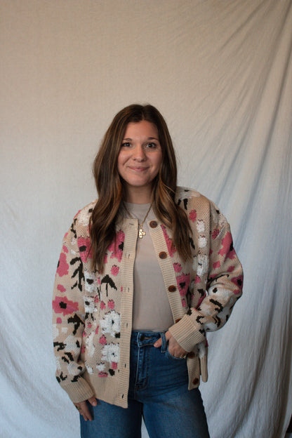 Rosie Boucle Sweater Cardigan - Latte/Pink