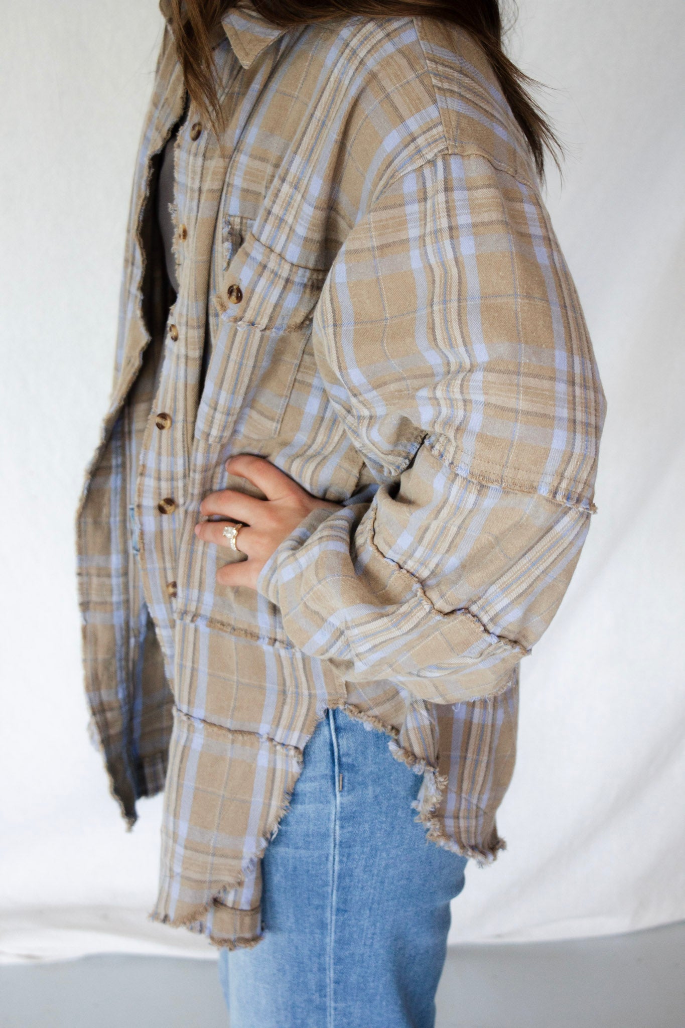 Person wearing a plaid shirt and blue jeans on a white background
